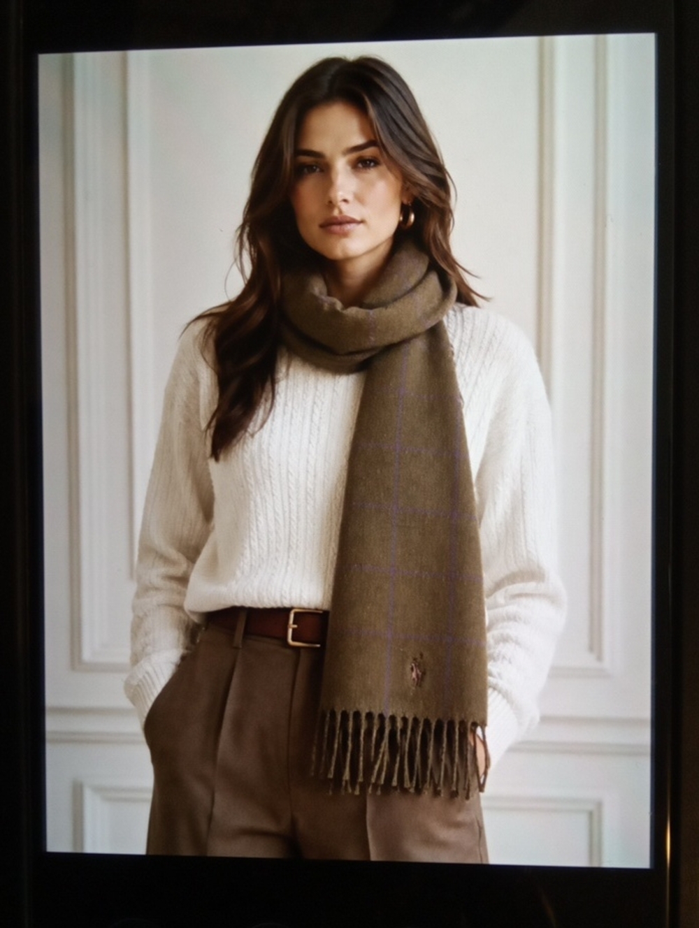 Polo by Ralph Lauren Olive Fringe Scarf Lambswool Windowpane Old Money